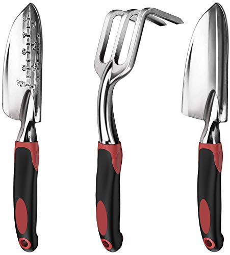 ESOW Garden Tool Set, 3 Piece Cast-Aluminum Heavy Duty Gardening Kit Includes Hand Trowel, Transplant Trowel and Cultivator Hand Rake with Soft Rubberized Non-Slip Ergonomic Handle, Garden Gifts