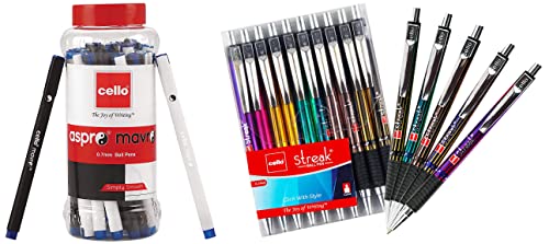 Image of Cello Aspro Mavro Ball Pen (25 Pens Jar - Blue) Streak Ball Pen - Pack of 10 pens
