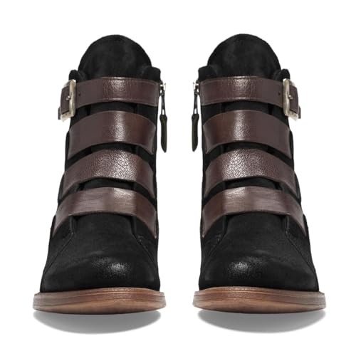 LEHOOR Combat Booties for Women Low Chunky Heel Round Toe Western Ankle Boots Burnished Side Zipper Suede Cowboy Cowgirl Boot Buckle Strap Two-Toned Short Riding Boots Fall Winter Vintage 4-11 M US3