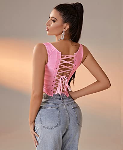 Image of Dreay Womens Vintage Asymmetrical Hem Overbust Corset Tie Front Lace-up Back Bustier Shapewear Top
