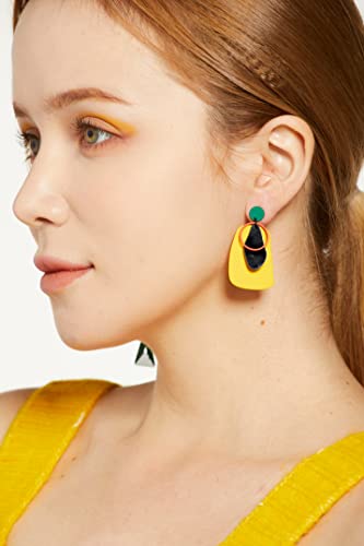 Yellow Green Black Acrylic Multi Colored Mismatched Unique Earrings Handmade Hypoallergenic Rectangle Dangle Drop Boho Statement Asymmetrical Geometric For Women Girl Modern Designer Fashion Colorful Jewelry #TOP4