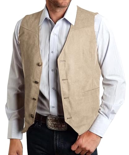 Hi-Tie Men's Suede Leather Vest Western Cowboy Vest Slim Fit Sleeveless V Neck Waistcoat Casual