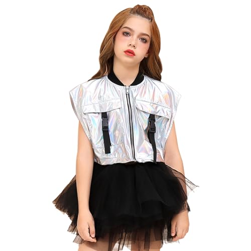 Image of Perfashion Girls Vest Cropped Cargo Metallic Jacket Buckle Zip Up With Pockets Streetwear Outfit 4-13Y