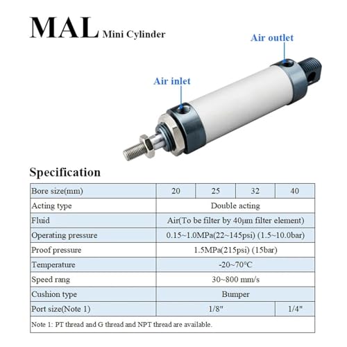 Vérin pneumatique MAL 16mm course 400mm actionneur linéaire double action - 4