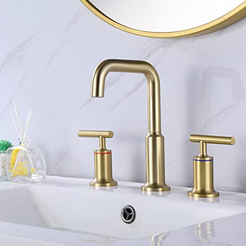 TapLong Widespread Bathroom Faucet 3 Hole 2-Handle Brass Vanity Faucet 360 Degree Swivel Spout Lavatory Sink Faucet with cUPC Water Supply Lines,Brushed Gold,06132BG TapLong Widespread Bathroom Faucet 3 Hole 2-Handle Brass Vanity Faucet 360 Degree Swivel Spout Lavatory Sink Faucet with cUPC Water Supply Lines,Brushed Gold,06132BG