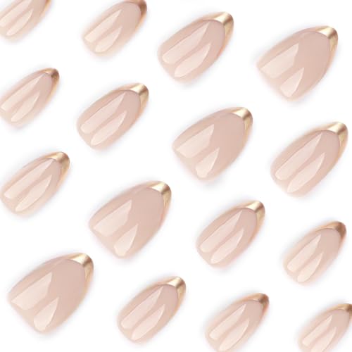 Image of Secret Lives Glossy Nude Pink Press-On Nails with Gold French Tips - Almond Shape Artificial False Nails 24-Pieces Set with Kit