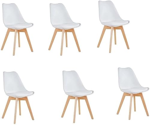 SMTE A Pack of 6 Cushioned Dining Wooden Legs Chairs - White with keychain