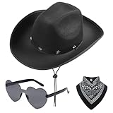 FCXVXCL Sombrero Vaquero Tres Piezas 3PCS Sombrero Vaquero Mujer con Bandana y Gafas de Amor Accesorios Ropa para Disfraz Vacaciones Fiesta Soltera Fiesta de Disfraces Negro