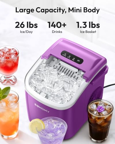 Image of EUHOMY Countertop Ice Maker Machine with Handle, 26lbs Per Day, 9 Ice Cubes Ready in 6 Mins, Auto-Cleaning Portable Ice Maker with Basket and Scoop, for Home /Kitchen /Camping /RV (Purple)