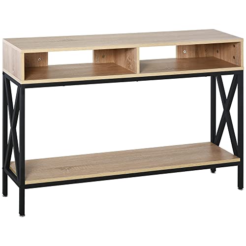 HOMCOM Table Console Table d'Entrée Industriel Multi-rangements 120 x 23,5 x 75 cm Bois Chêne