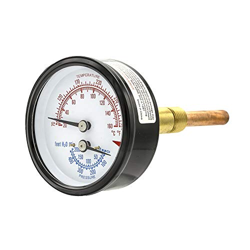 PIC Gauges TRI-RC-254R3.63-G Commercial Tridicator, Black Steel Case, Bronze Internals, Plastic Lens w/ Red Indicator, 2.5" Dial, 3.63" Stem Length, 0/200 psi Range, 1/4" Male NPT