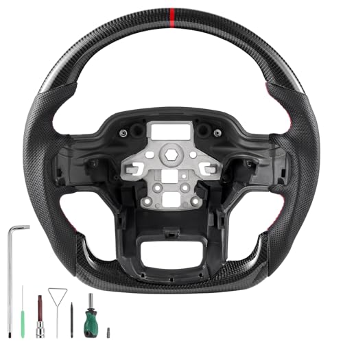 VEVOR Steering Wheel for 2021-2024 Ford F150, Carbon Fiber Steering Wheel D-Shaped Flat-Bottom, Leather Grip with Non-Slip Texture & Precise Stitching, Accessories Replacement for Ford F150, Black