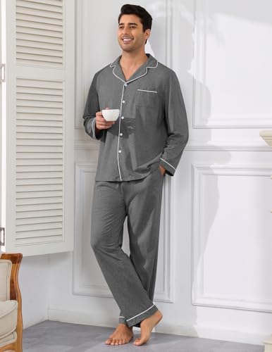 Image of Veseacky Mens 100% Cotton Pajamas Set Long Sleeve Button Down Sleepwear Soft Loungewear Pjs with Pockets