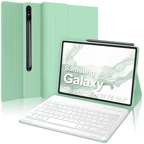 FARYODI Samsung Galaxy Tab S8 Plus Case Keyboard, Cover Samsung Tablet 12.4-inch with Keyboard for S7 FE / S7+ / S8+, S-Pen Holder Smart Case & Detachable Wireless Bluetooth Keyboard, Light Green