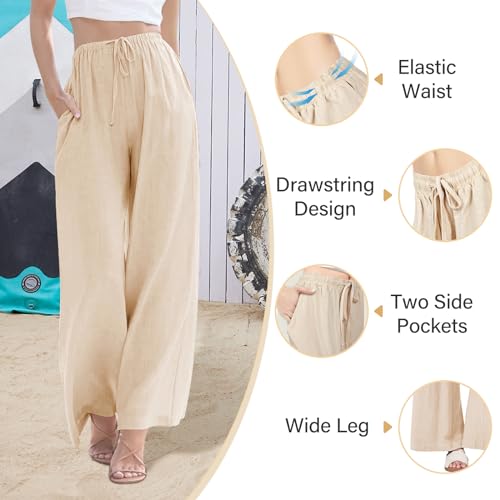 Women's Pants, Summer Wide Leg Pants Drawstring Trousers Elastic High Waist Loose Casual Pants with Pockets2