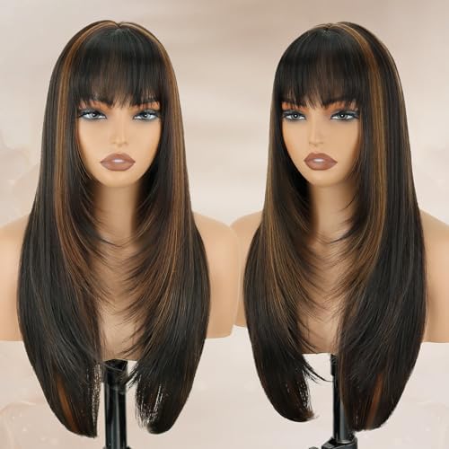 Brown Highlight Long Straight Layered Wig with Bangs for Women 26 inch