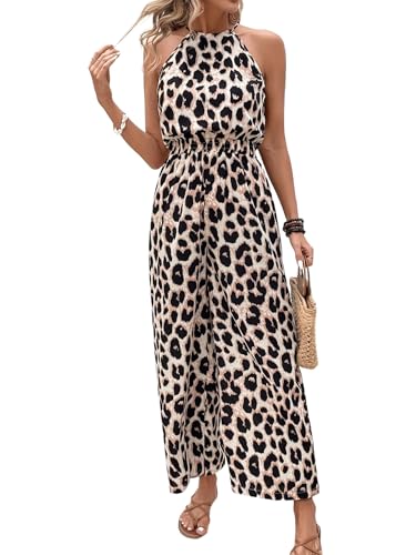Fronage Summer Jumpsuits for Women Uk Leopard Print Halter Neck Rompers Wide Leg Pants Sleeveless One Piece Outfits