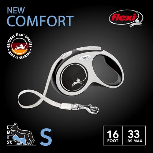 Flexi New Comfort einziehbare Hundeleine (Band), ergonomisch, robust und verhedderungsfrei, für Hunde bis zu 15 kg, 5 m, Größe S, Grau/Schwarz