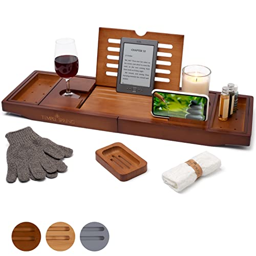Temple Spring Plateau Baignoire Bois, Accessoires Salle De Bain Bambou, Tablette Baignoire, Plateau De Bain, Spa Bath Bridge - Brun Bois