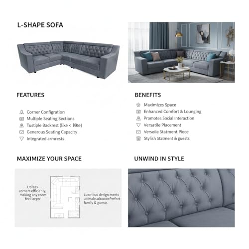 Image of APRODZ Wooden Sofa Set 6 Seater for Living Room, Solid Wood L Shape Sectional Sofa with Velvet Fabric Upholstery, Cushioned Seating for Home, Office & Lounge, Grey
