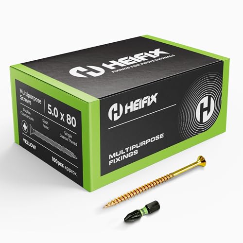 Heifix Multi-Purpose Wood Screws - FREE Screw Bit Included (QTY 100, 5mm x 80mm) Pozi Double Countersunk