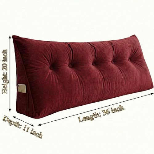 Image of Luxury Velvet Tufted Wedge Pillow with Side Pocket - Soft Headboard Back Support Cushion for Bed, Sofa & Floor Seating - Red Color