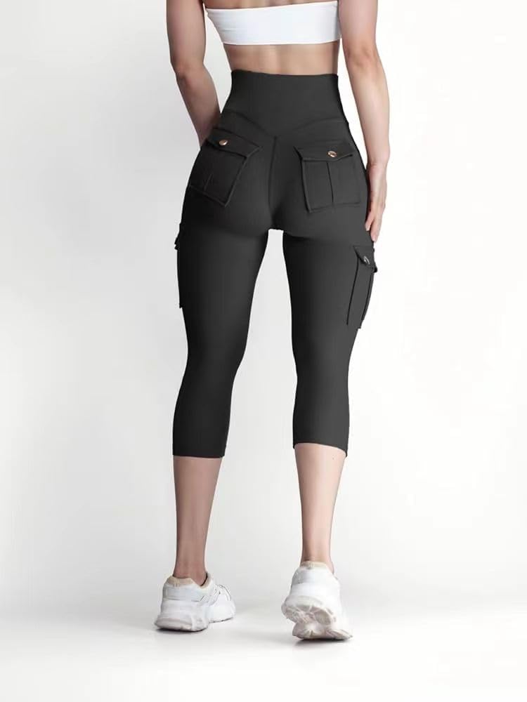 Sumleno Cargo Capri Leggings with Pockets for Women High Waist Tummy Control Scrunch Butt Lifting Workout Running Pants - Image 6