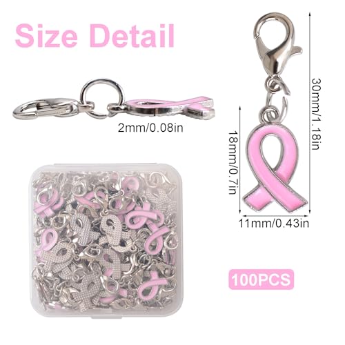 CRAFFANCY 100 Pcs Pink Ribbon Pendant with Clasps, Breast Cancer Awareness Alloy Ribbon Charms for Jewelry Making - Image 2