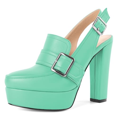 Image of Women's High Heel Loafers Platform Pumps Round Toe Heels Chunky Heel Pumps Stylish Comfortable 4.8 Inch Slingback Heels