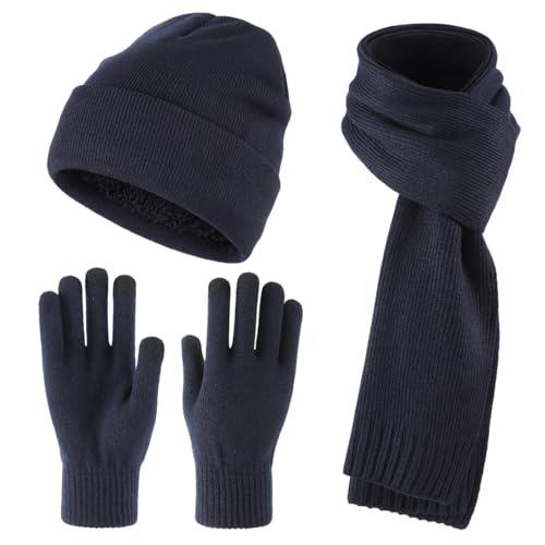 Image of Magracy Winter Beanie Hat Scarf Gloves Set for Men 3 Pieces Thermal Warm Knitted Beanie Cap Long Scarf TouchScreen Gloves Outdoor Cold Weather Set Navy Blue