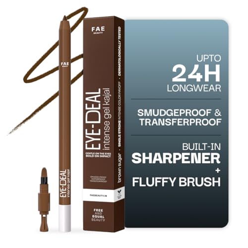 FAE Beauty 24Hr Longstay Eye-Deal Intense Gel Kajal -Smudgeproof, Waterproof, With Built-in Sharpener & Fine Bristle Brush| Matte Finish | One Swipe Application, Non-Irritant, Ophthalmologically & Dermat Tested – Brown Sugar