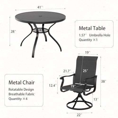 SUNCROWN 5-Piece Outdoor Patio Dining Set, All Weather Round Metal Table & 4 Black Swivel Textilene Mesh Chairs, Weather Resistant Patio Furniture for Deck Lawn Garden Backyard Poolside — view 7