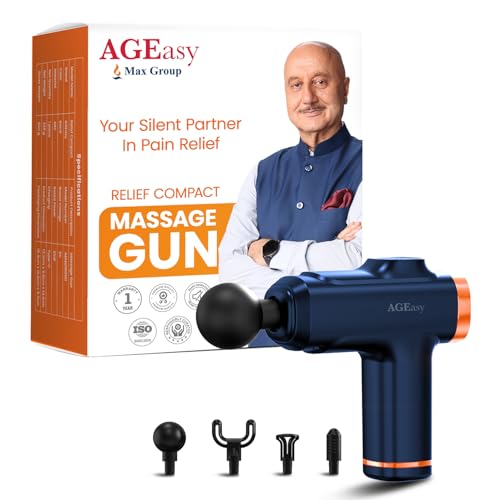 Image of AGEasy (Max Group) Relief Compact Massage Gun | 8 Speed Levels, 4 Massage Heads | USB Type-C Rechargeable Handheld Massager | Full Body Pain Relief Muscle Massage Machine for Men & Women (Blue)