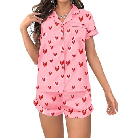 Villagepageme Women Valentines Day Pajamas Set Short-Sleeve Button Shirt and Shorts Matching Sets 2 Piece Loungewear (Dark Pink, M) Cover