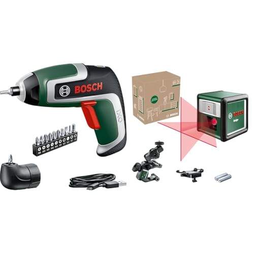Bosch Akkuschrauber IXO (7. Generation, 3,6V, 2,0Ah, 5,5Nm, Mikro-USB-Kabel, Winkel-Aufsatz, schraubt bis 190 Schrauben) & Kreuzlinienlaser Quigo mit Universalklemme MM 2 (präzises Ausrichten)