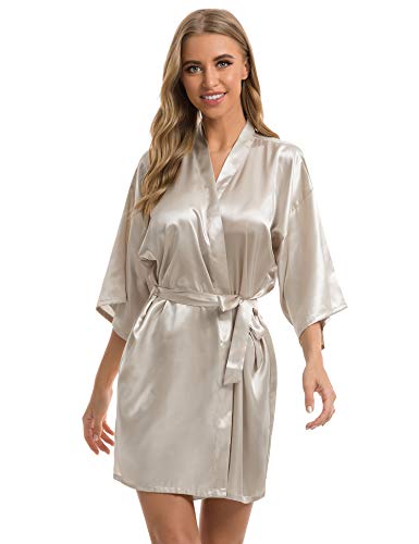 Vlazom Women's Kimono Robes Short Satin Bathrobe Solid Bridal Party Robe With Oblique V-Neck Dark Champagne Medium #TOP17
