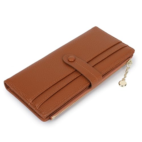 Thin Wallet for Women,PU Leather Bifold Credit Card Wallet,Compact Wallet with Large Clutch with Coin Purse,Smooth Zipper(Brown, Long)