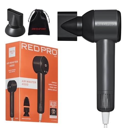 RED Pro Air Master 4000 High Speed BLDC Hair Dryer, 110,000 RPM Professional Brushless Motor for Fast Drying, 40% More Compact Lightweight Design with Smart Memory, Travel Essentials, Black