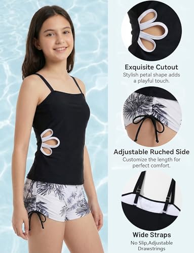 Happy Cherry Kinder Mädchen Zweiteiliger Badeanzug Sommer Tankini Oberteil und Badeshorts mit Kordelzug Set Teenager Tropischer Druck Schwimmanzug Swimsuit Schwarz 13-14 Jahre