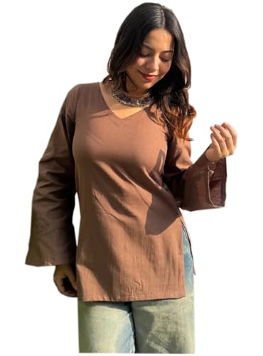 Image of ANNI Designer Short Kurti for Women Solid Design | V Neck Full Sleeve Kurti Tops for Women | Stylish Kurtis & Short Kurtis for Woman | Casual Kurti with Jeans | Kurtas for Woman