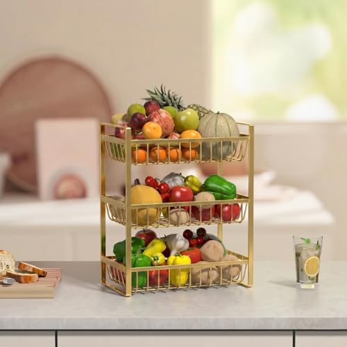 Image of 2 Tier Countertop Fruit and Vegetables Basket | Multipurpose Storage Organize Stand for Kitchen, Dining Table and Bathroom (3 Tier Gold)