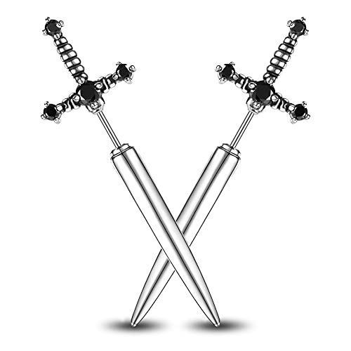 Image of PunkTracker Hypoallergenic Surgical Steel Gothic Sword Earrings for Women Black Cubic Zirconia Punk Dagger Y2K Emo Earrings for Men
