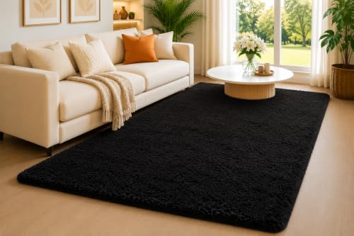Image of Shaggy Carpet 5x8 Ft for Living Room & Bedroom (Black)
