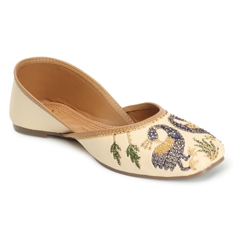 Image of XE Looks Women's Ethnic Punjabi Juttis | Traditional Slip-On Flats with Peacock Embroidery | Cushioned Footbed for Comfort | Comfortable & Stylish Punjabi Juttis for Girls & Women