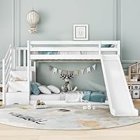Gelukueub Bunk Bed with Stairs and Slide, Bunk Bed for Kids Boys Girls, Solid Pine Wood Frame, Children Bed with 2 Drawers in the Steps, 90x190cm, White