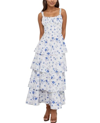 Image of Tiered Ruffle Dress Women Casual Summer Spaghetti Strap Sleeveless Floral Layered Maxi Dress for Women Beach Sundress