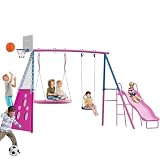 Redkid Ensemble de balançoires de jardin, ensemble balançoire avec toboggan, capacité de charge de 200 kg, ensemble de balançoires d'extérieur 5 en 1 avec balançoire soucoupe, siège de balançoire