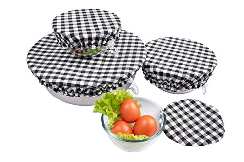 Large US Size for Handmade Reusable Cotton Fabric Bowl Covers - Two Layers of Fabric (Set of 4, Black plaid-1) by STEPHAN AND THEODORE - Used condition - US$19.16