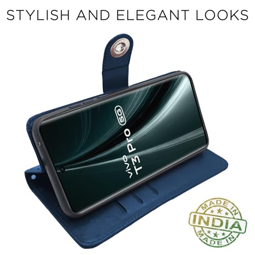 Image of Pikkme Flip Cover Leather Finish | Inside TPU with Card Pockets | Wallet Stand and Shock Proof | Complete Protection Button Flip Case for Vivo T3 Pro 5G / iQOO Z9s Pro 5G (Blue)