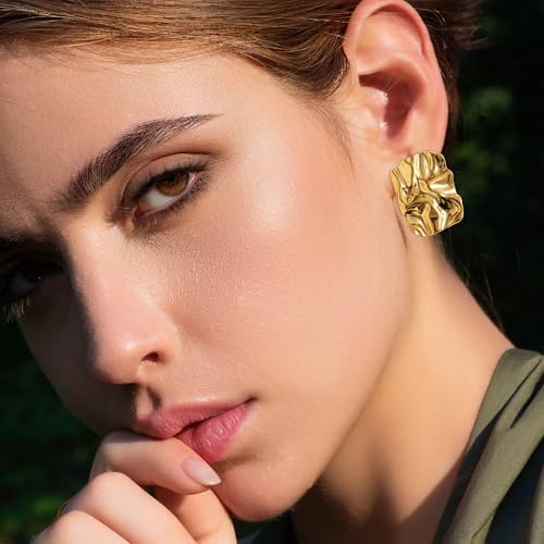 ALEXCRAFT Chunky Rectangle Stud Earrings for Women Silver 18K Gold Large Hammered Geometric Statement Earrings for Jewelry Party